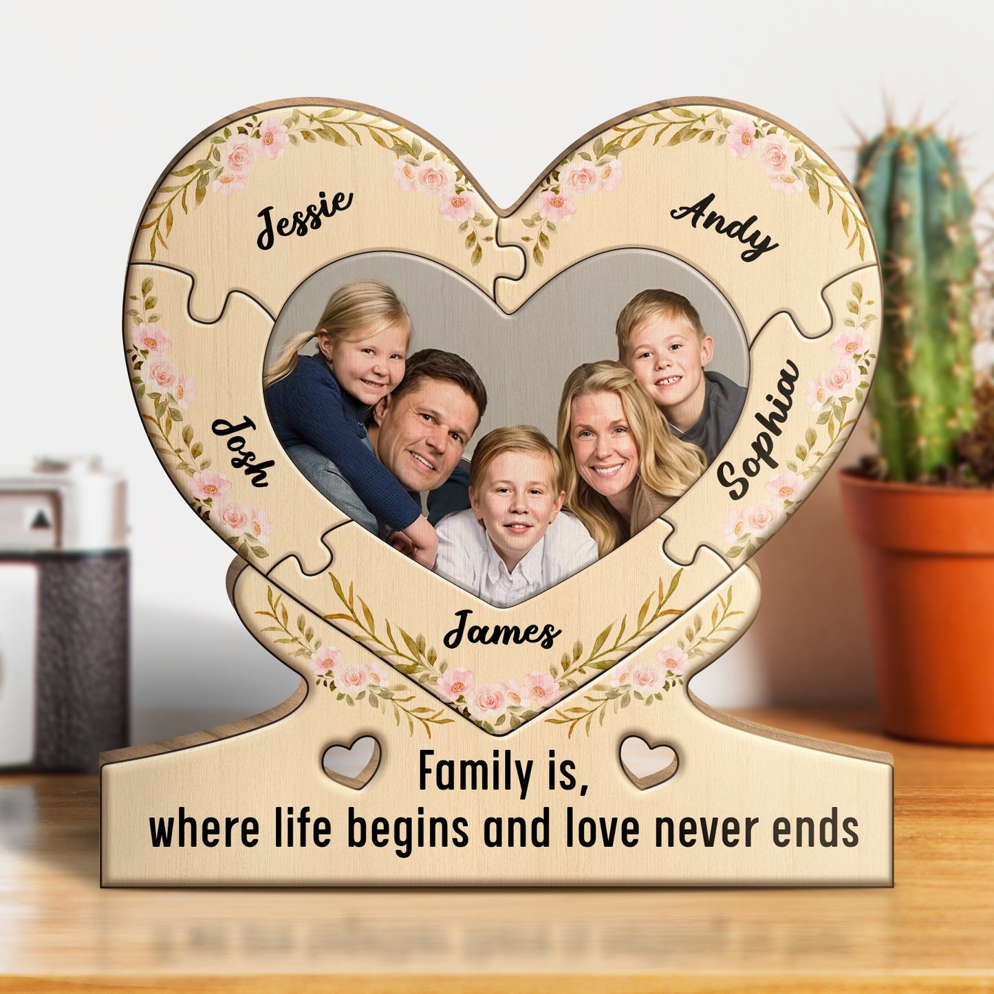 Puzzle For Family heart-shaped wooden photo frame with floral design and family names engraved