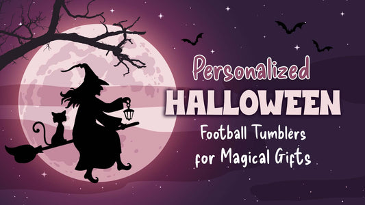 Personalized Halloween football tumblers promotional image with witch, cat, and full moon background