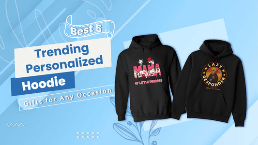 Blue promotional banner for Personalized Hoodie gifts showing two black hoodies with custom mama and last responder designs