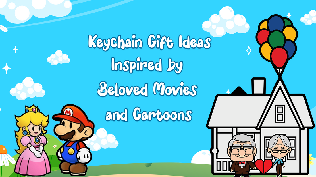 Keychain Gift ideas inspired by beloved movies and cartoons with animated characters and colorful balloons