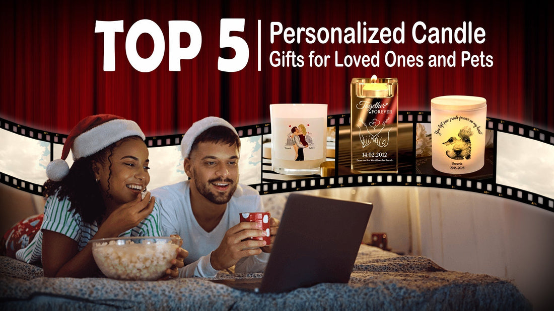 Couple in Santa hats watching a movie with laptop and popcorn beside Top 5 Personalized Candle gift images