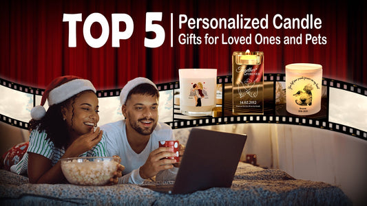 Couple in Santa hats watching a movie with laptop and popcorn beside Top 5 Personalized Candle gift images