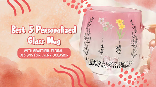 Pink ombre Personalized Glass Mug with floral designs and handwritten names displayed on peach background