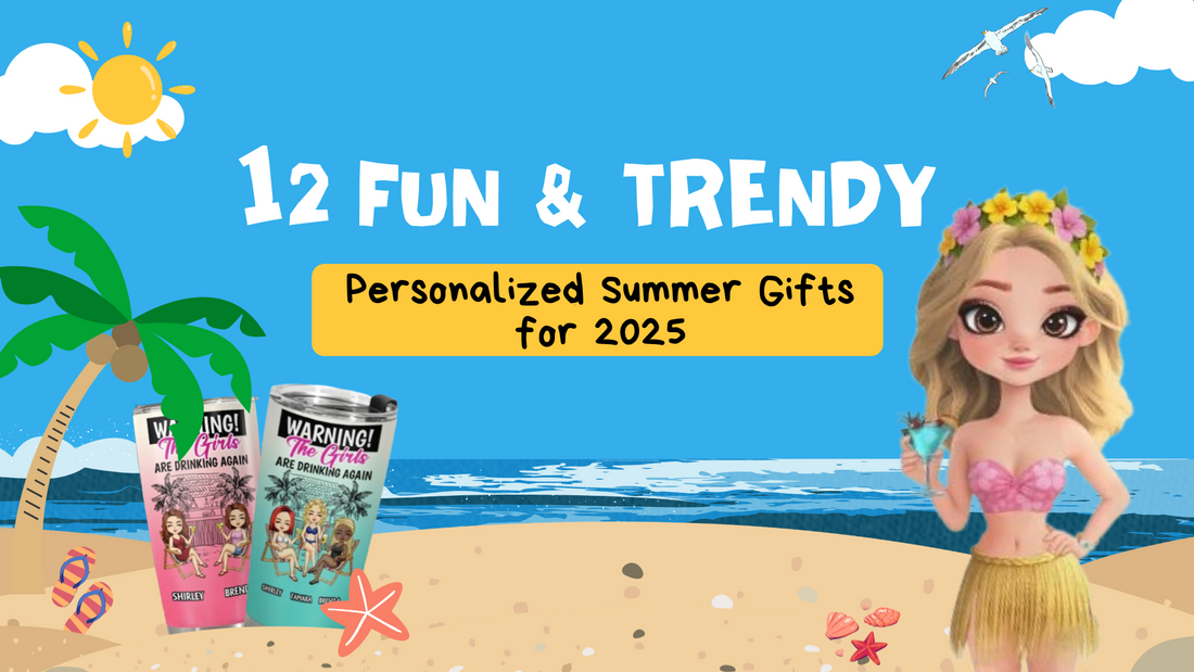Beach scene with two personalized summer gifts tumblers and a cartoon girl in a floral crown on sand