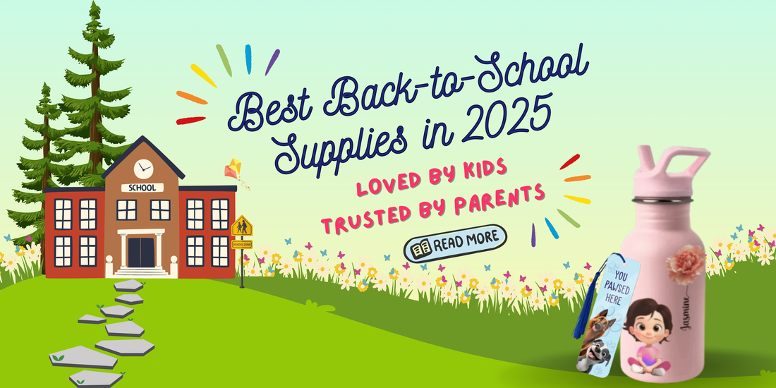 Illustration of a school building with text promoting the best back-to-school supplies 2025 loved by kids and trusted by parents
