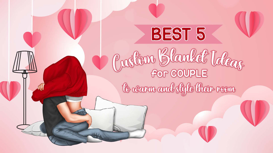 Couple cuddled under a red Custom Blanket on a bed with pink heart decorations and white pillows romantic scene