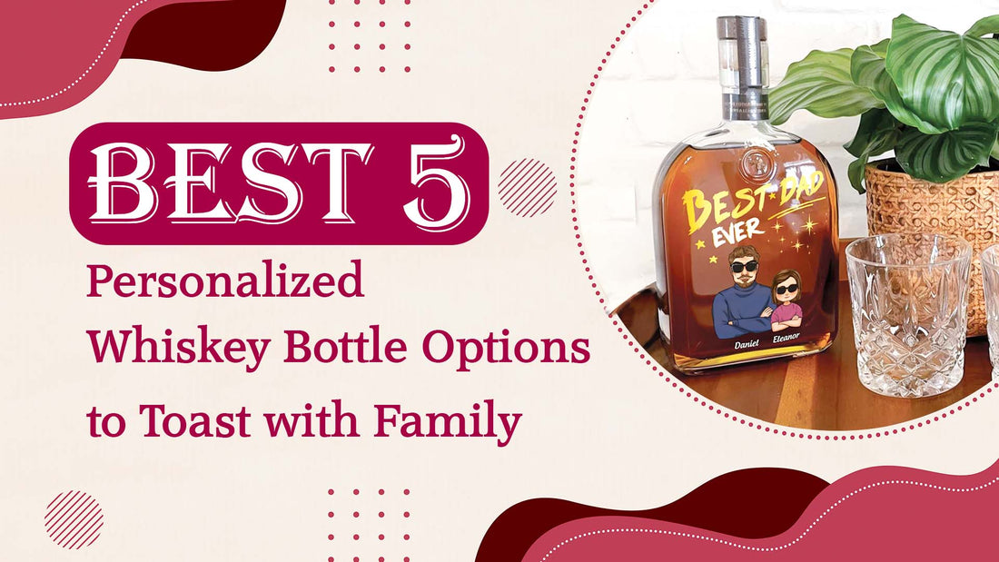 Personalized Whiskey Bottle with custom Best Dad Ever label beside two whiskey glasses and plant