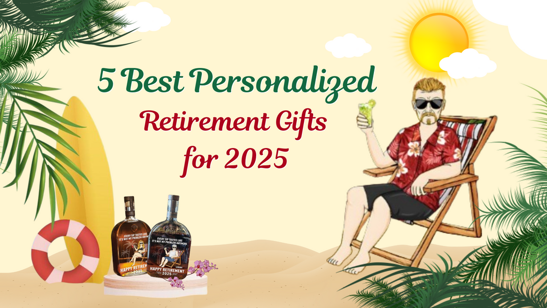 5 Best personalized retirement gifts 2025 with a relaxed man in a tropical scene and gift bottles on sand