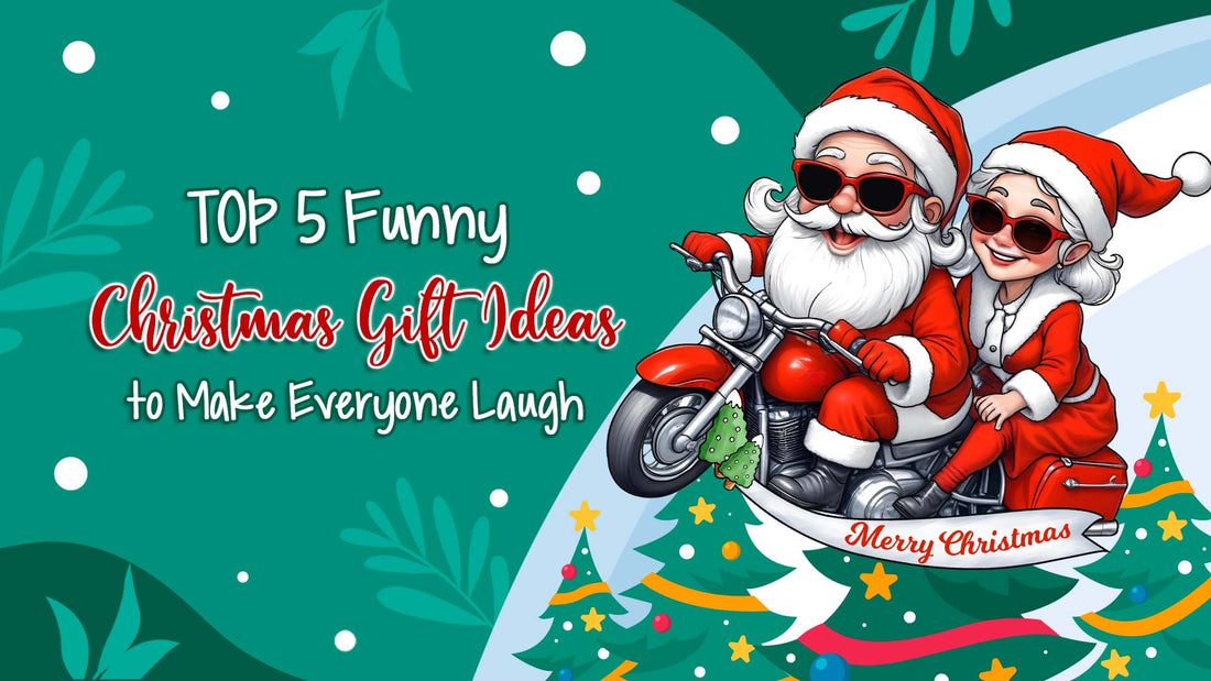 Santa and Mrs Claus on motorcycle with Merry Christmas banner for Christmas Gift ideas