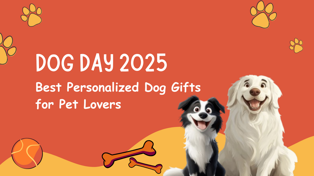 Dog Day 2025 banner showcasing best personalized dog gifts with happy cartoon dogs and paw prints