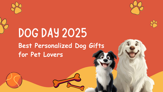 Dog Day 2025 banner showcasing best personalized dog gifts with happy cartoon dogs and paw prints