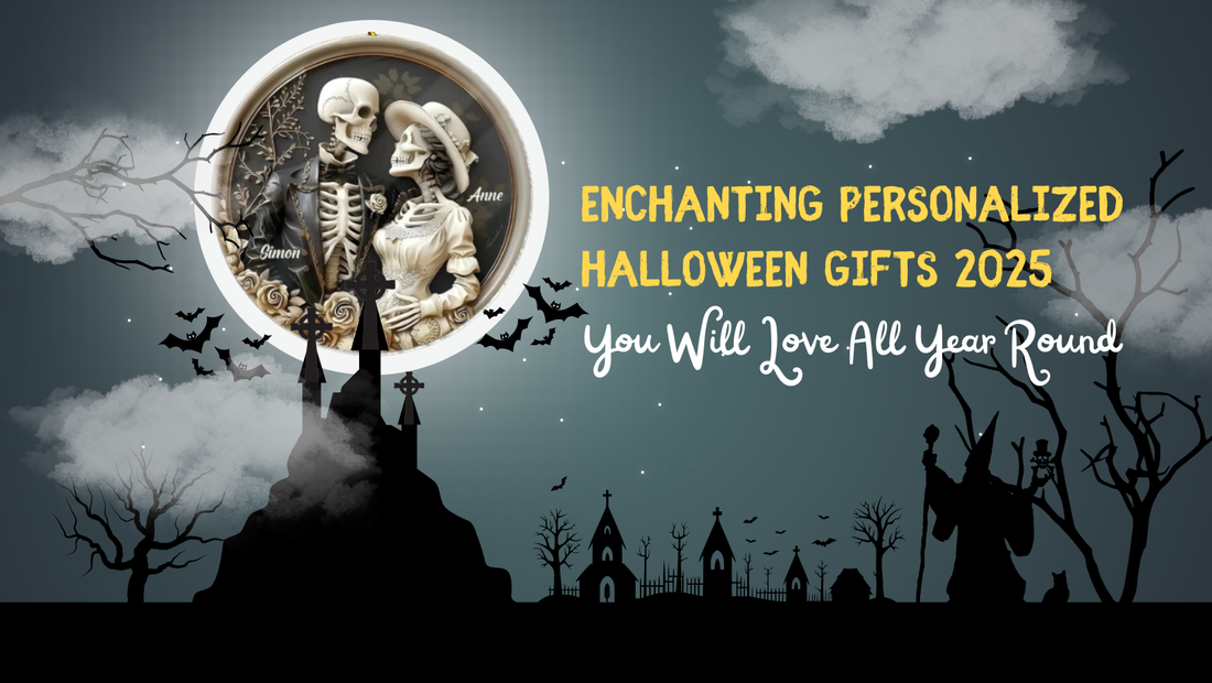 Halloween gifts featuring a decorative skeleton couple ornament with Simon and Anne names hanging on a tree