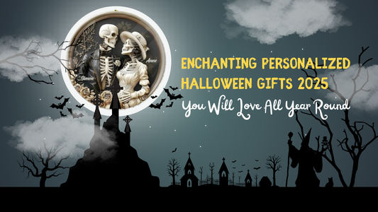 Halloween gifts featuring a decorative skeleton couple ornament with Simon and Anne names hanging on a tree