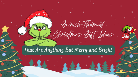 Grinch-themed Christmas gift banner with festive trees and bold text.