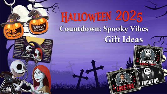 Halloween 2025 countdown with spooky gift ideas featuring themed keychains and character illustrations