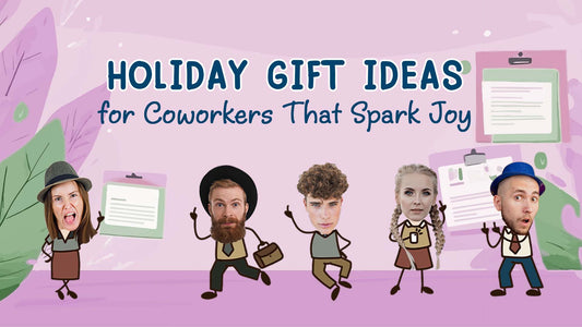 Cartoon coworkers under “Holiday Gift Ideas for Coworkers That Spark Joy” banner.