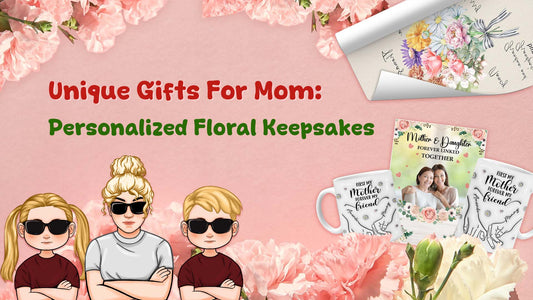 Unique gifts for mom featuring personalized floral keepsakes, mugs, and a framed photo on a pink floral background