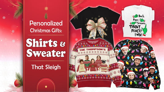 Personalized Christmas Gifts Set with festive shirts and sweaters featuring holiday designs and custom family name