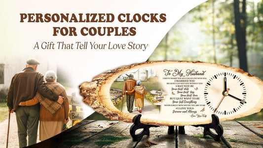 Personalized clocks for couples featuring a custom love story design on a wooden clock with an elderly couple walking together