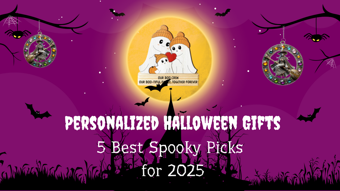 Personalized Halloween gifts banner with ghost family illustration and spooky purple background