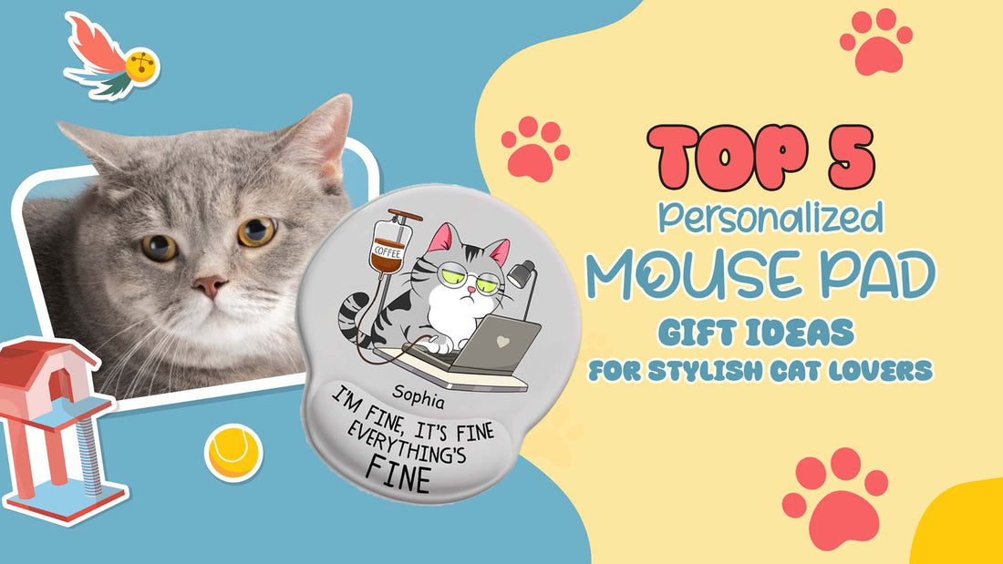 Banner with cat photo and illustrated Personalized Mouse Pad showing a laptop cat design and paw print accents