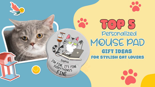 Banner with cat photo and illustrated Personalized Mouse Pad showing a laptop cat design and paw print accents