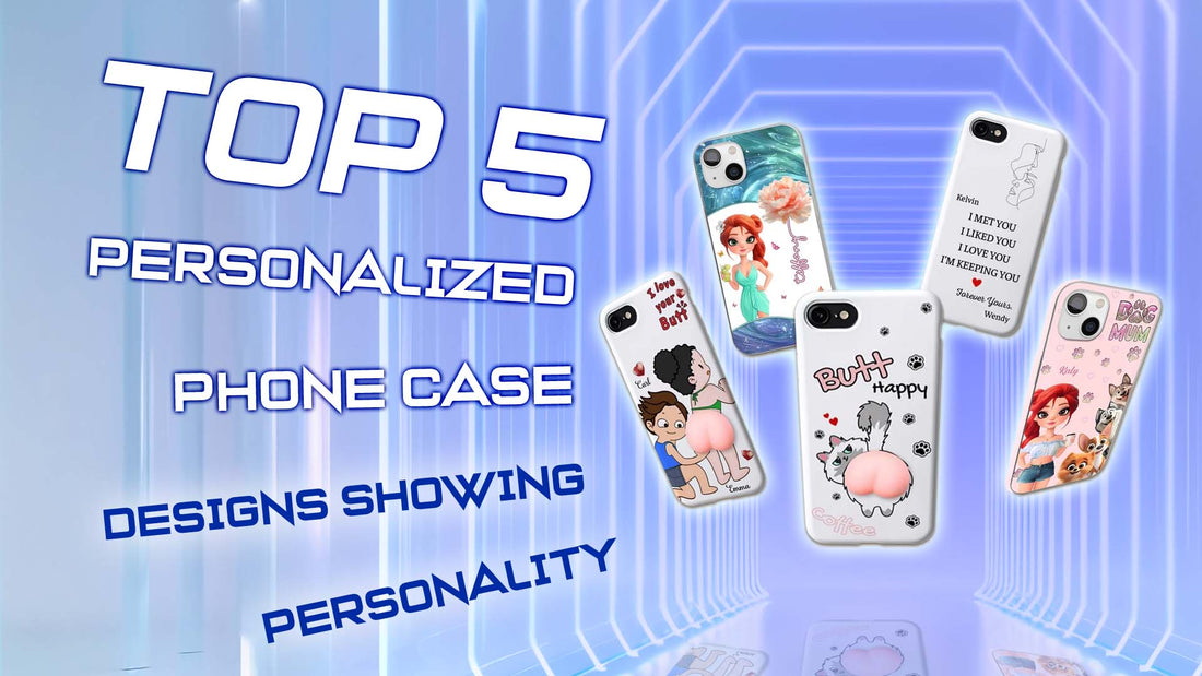 Five colorful Personalized Phone Case designs with cartoon mermaid characters and playful typography on blue background