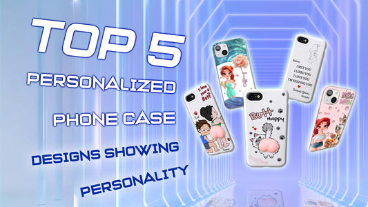 Five colorful Personalized Phone Case designs with cartoon mermaid characters and playful typography on blue background