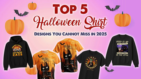 A graphic titled Top 5 Halloween Shirt Designs featuring various spooky shirts for the holiday.