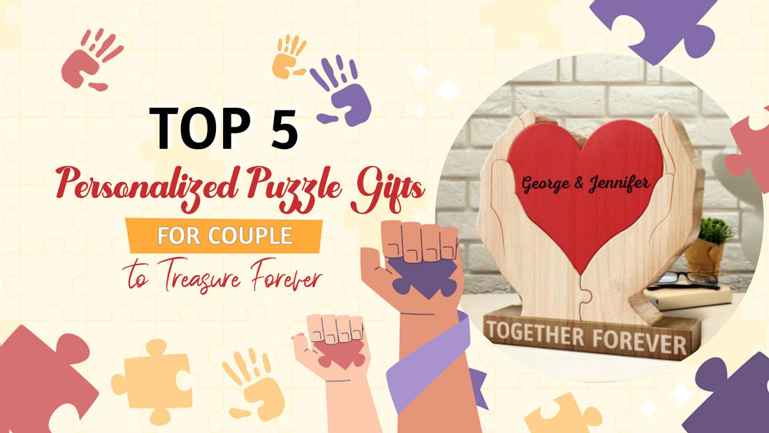 A graphic titled "Top 5 Personalized Puzzle Gifts for Couple to Treasure Forever," featuring a heart-shaped puzzle with names.