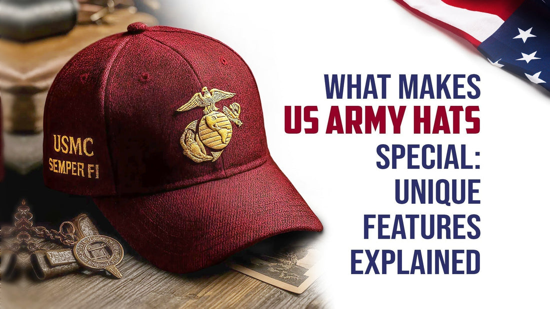 Red USMC cap with emblem on wooden table with US flag and text what makes US Army hats special unique features explained