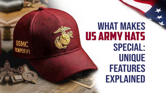 Red USMC cap with emblem on wooden table with US flag and text what makes US Army hats special unique features explained