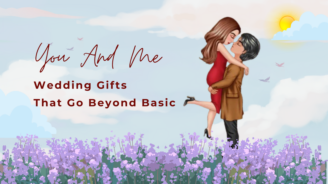 Couple embracing romantically in a field of flowers with text about unique wedding gifts