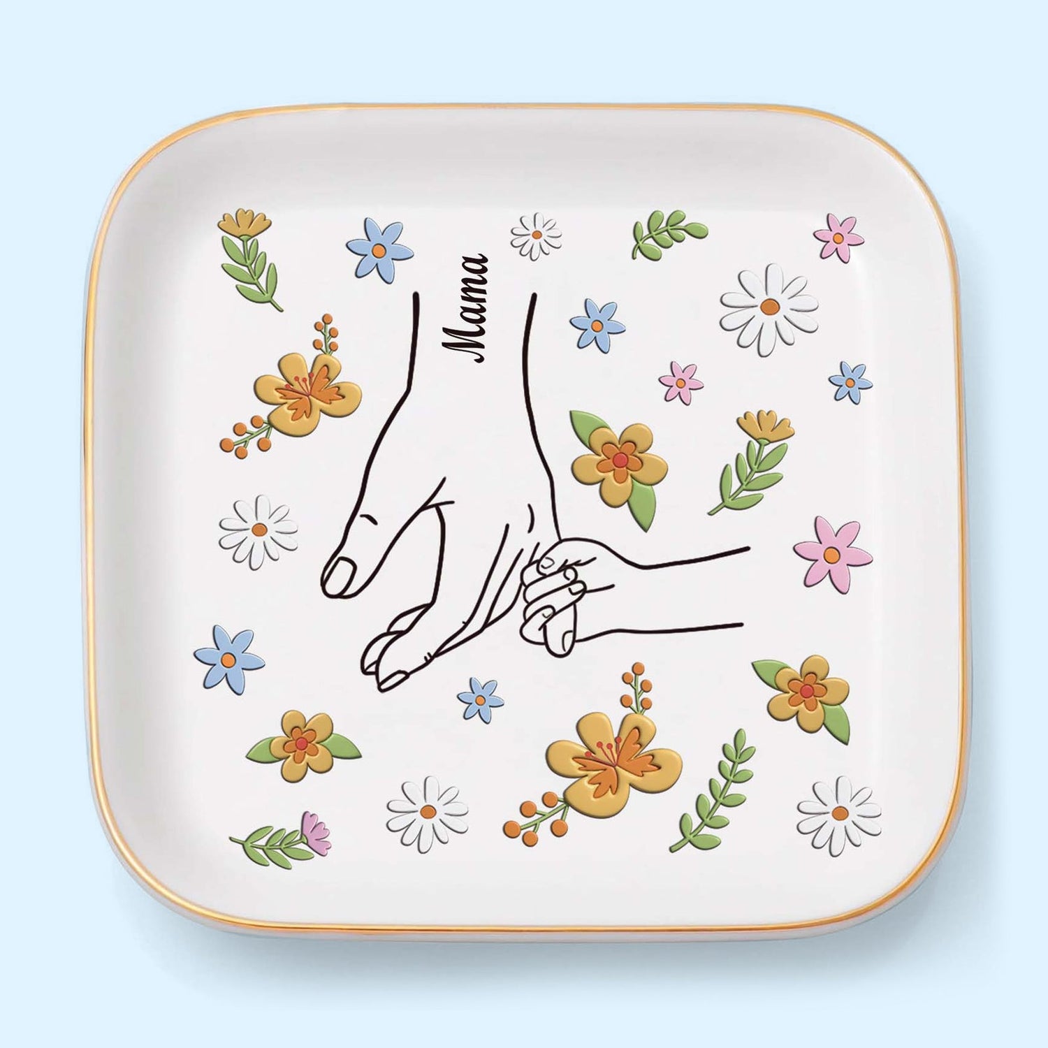 Square personalized jewelry dish with hand-drawn hands and colorful flowers on white background