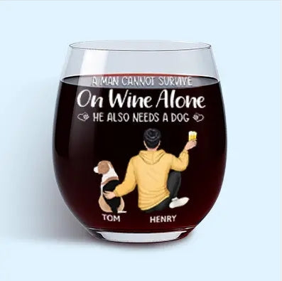 Personalized drinkware gifts featuring a stemless wine glass with custom names and dog design
