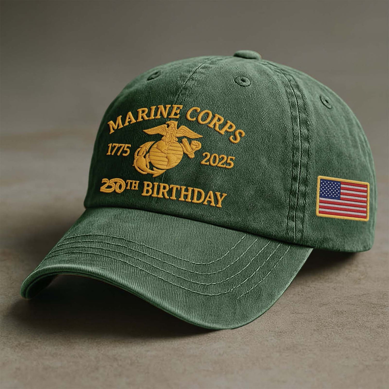Embroidered green Marine Corps baseball cap with American flag patch personalized trending gifts collection