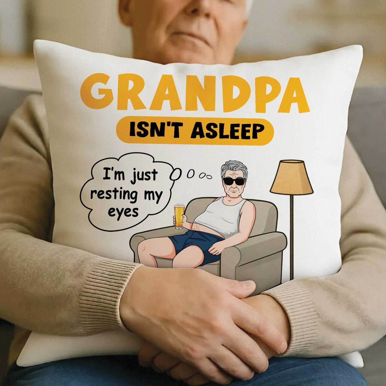 Personalized gifts for grandparents featuring a humorous pillow with Grandpa resting and a funny quote