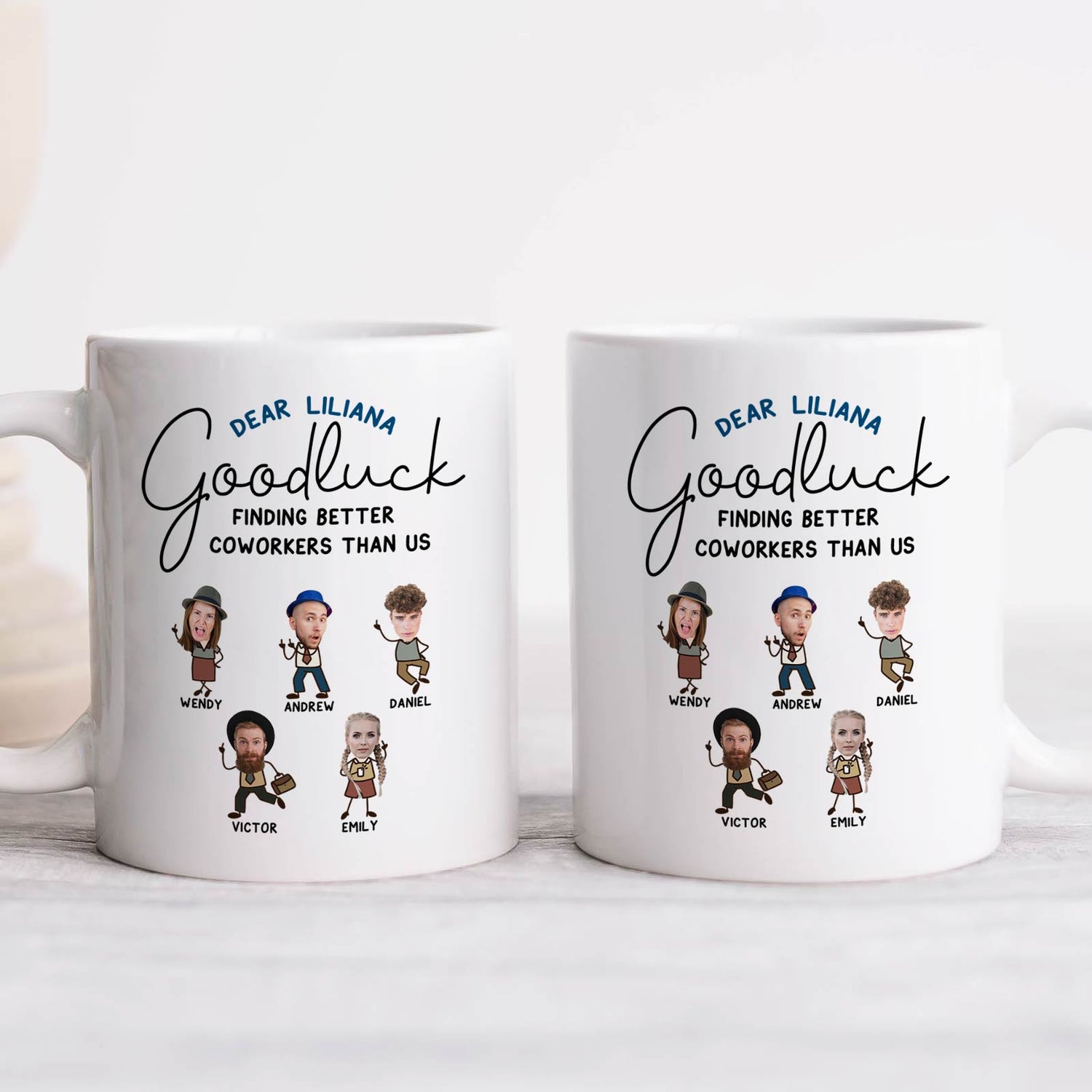 Personalized coworker gifts of custom mugs with cartoon colleagues and goodluck message for work friends