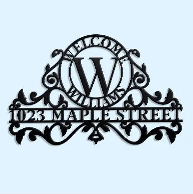 Elegant black metal personalized outdoor decor welcome sign with customizable name and address