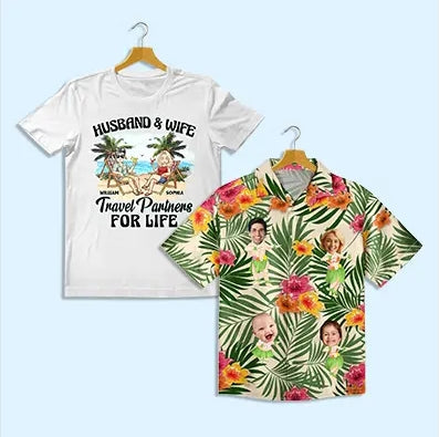 Custom summer outfits featuring a white husband and wife graphic tee and a floral tropical shirt with personalized photos