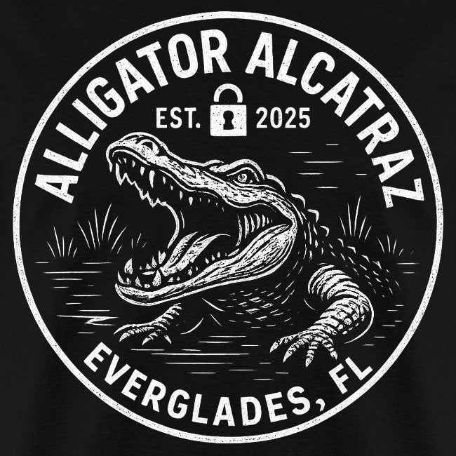 Alligator Alcatraz design featuring a fierce alligator in Everglades FL with a lock symbol