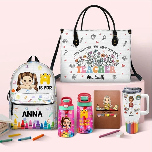 Personalized back to school gifts including custom backpacks, water bottles, tote bag, and mugs with names and illustrations