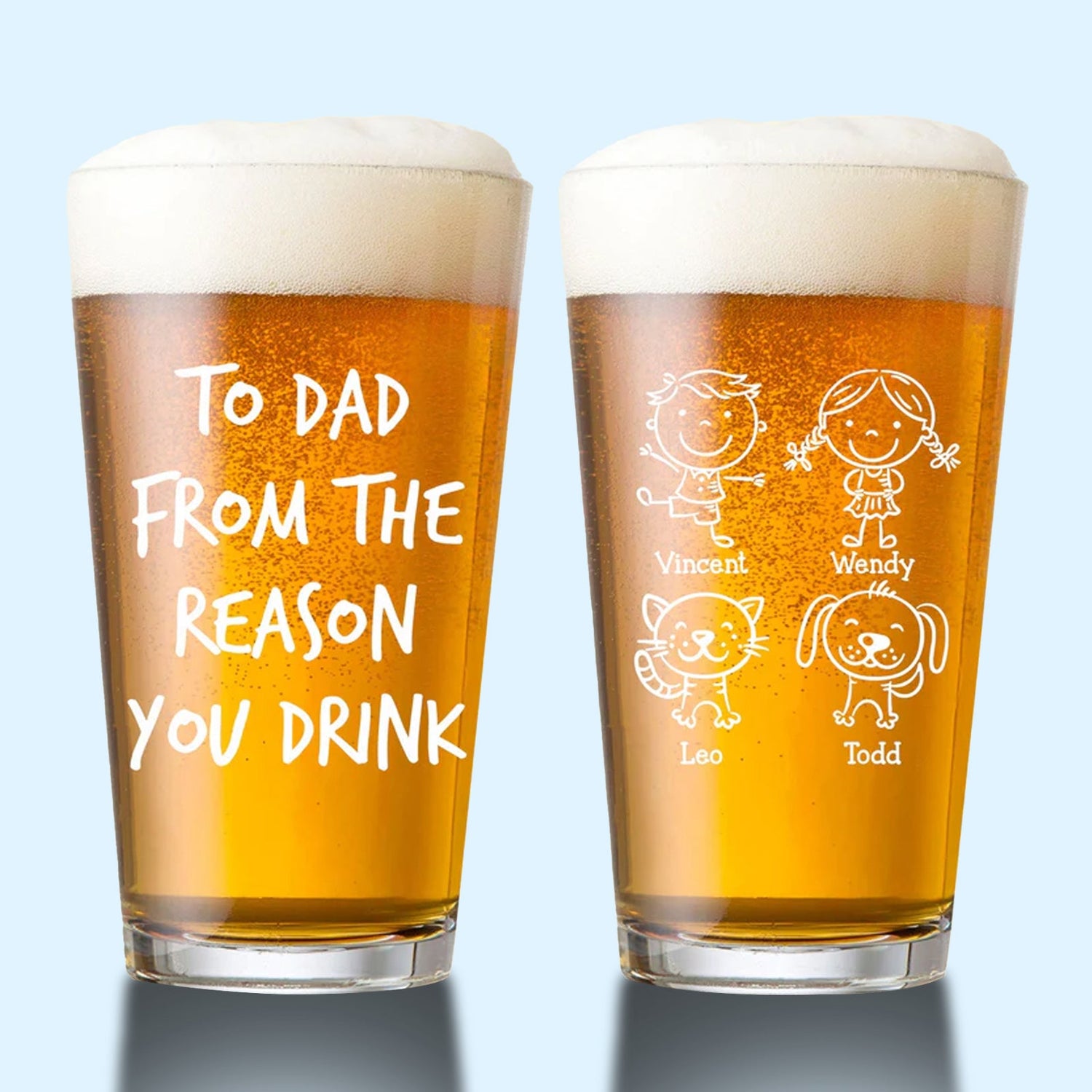 Personalized beer glass set with humorous message and custom cartoon family names for Father's Day