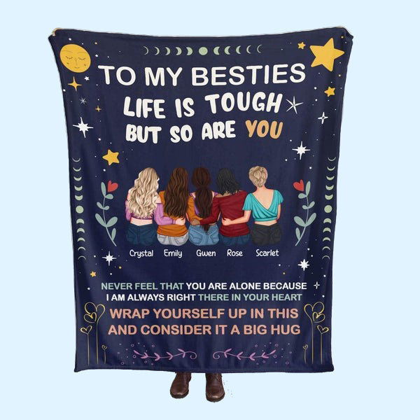 Custom photo blankets for gifts with a best friends design and heartfelt message on a dark starry background