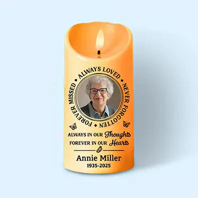 Personalized memorial gifts candle with photo and loving tribute for honoring a special loved one