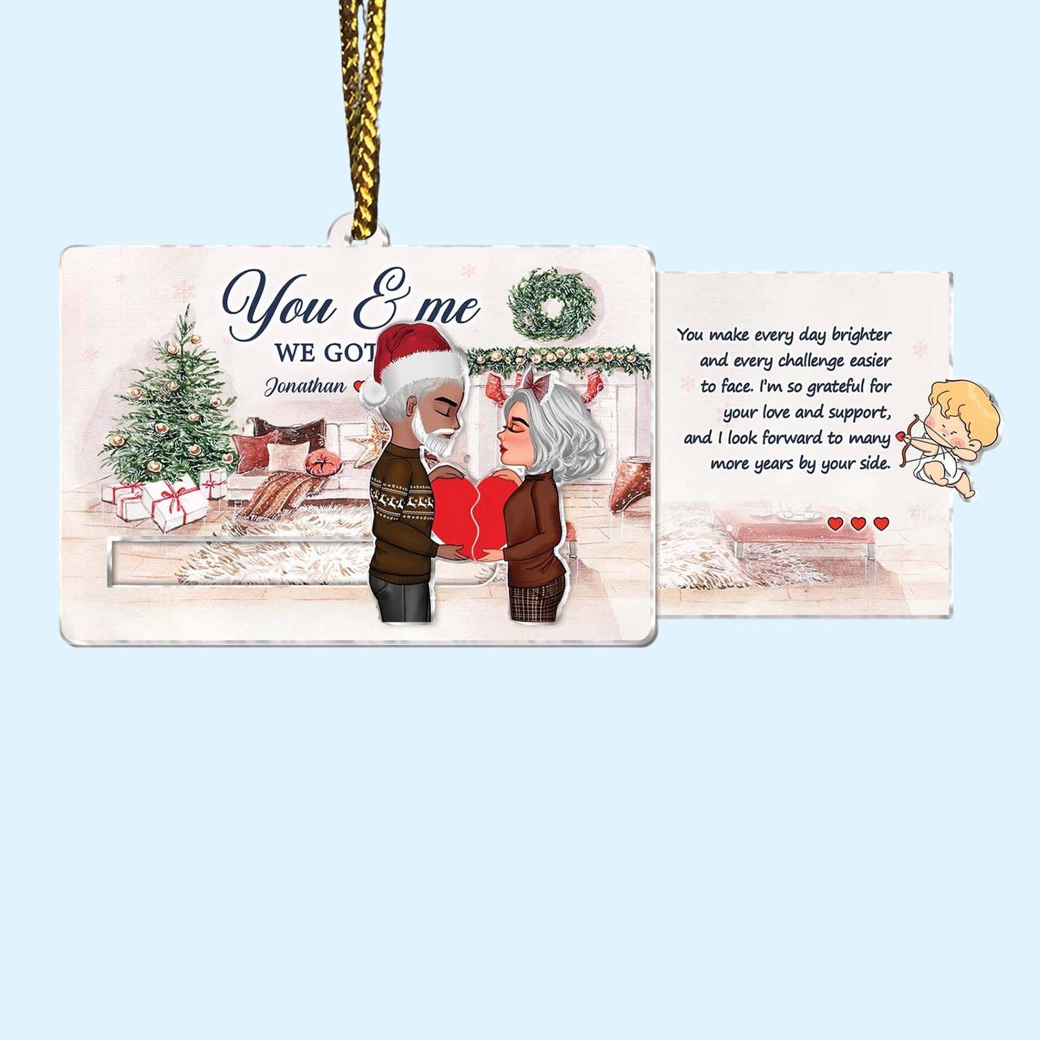 Personalized Christmas gifts ornament featuring a couple in cozy holiday scene with heartfelt message