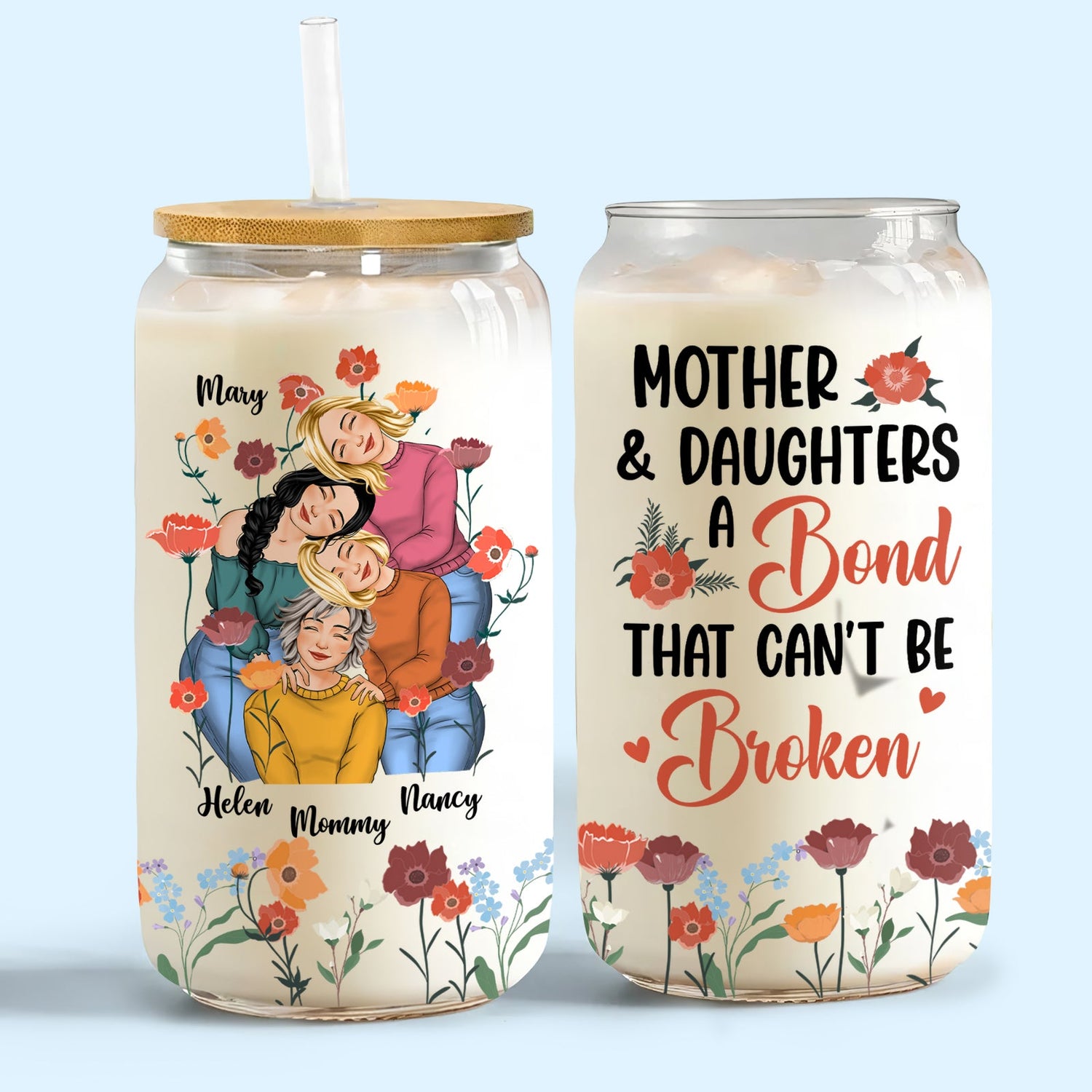 Personalized glass can tumblers with floral designs and mother daughter bond quote