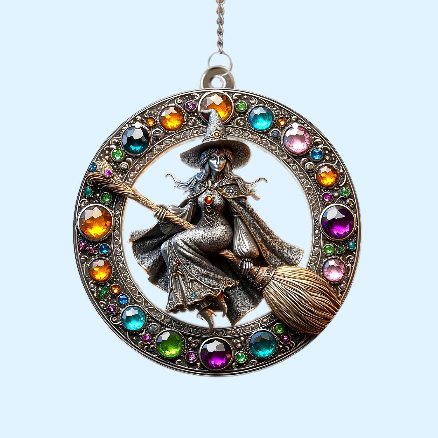 Personalized Halloween gifts featuring a detailed witch ornament with colorful gemstones on a circular frame