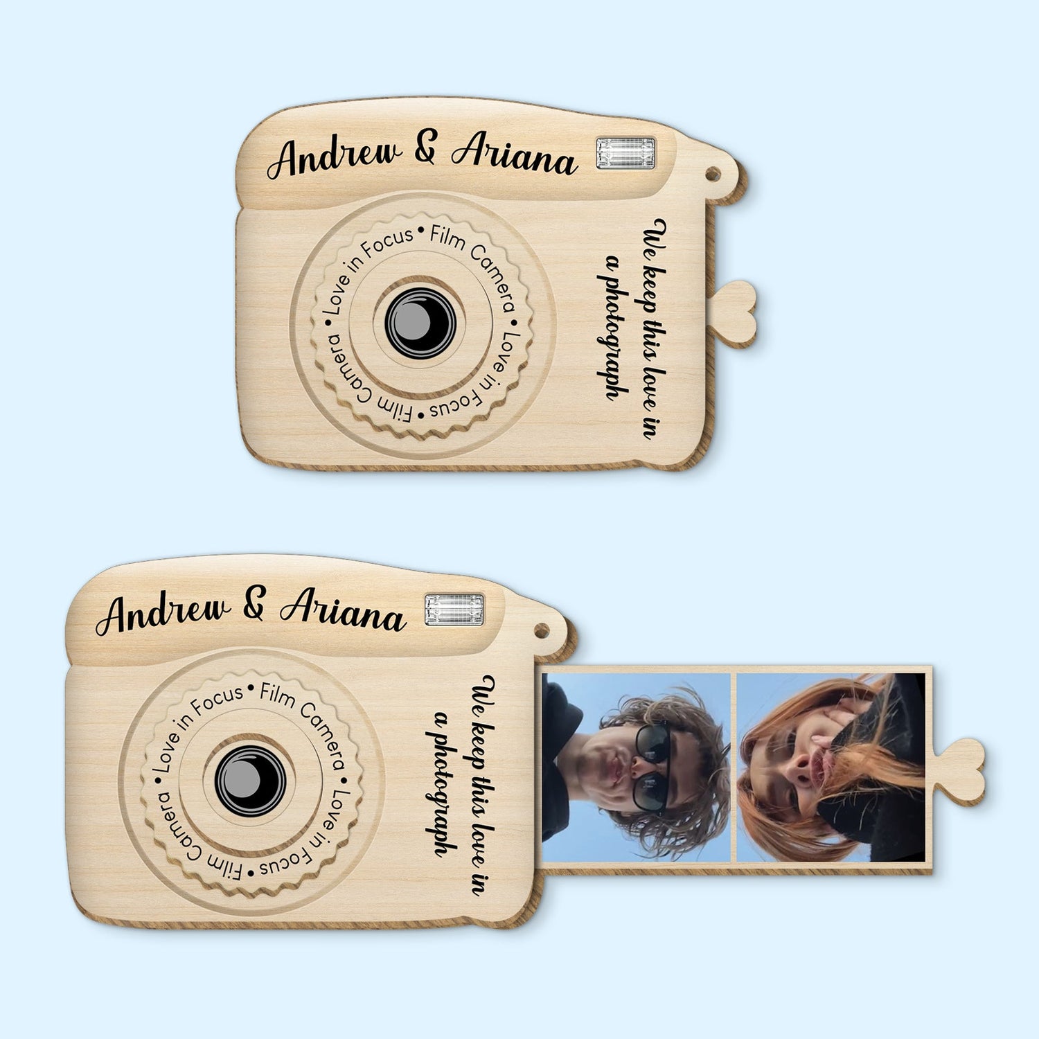 Personalized slider card gifts designed like vintage cameras with custom names and photo slides