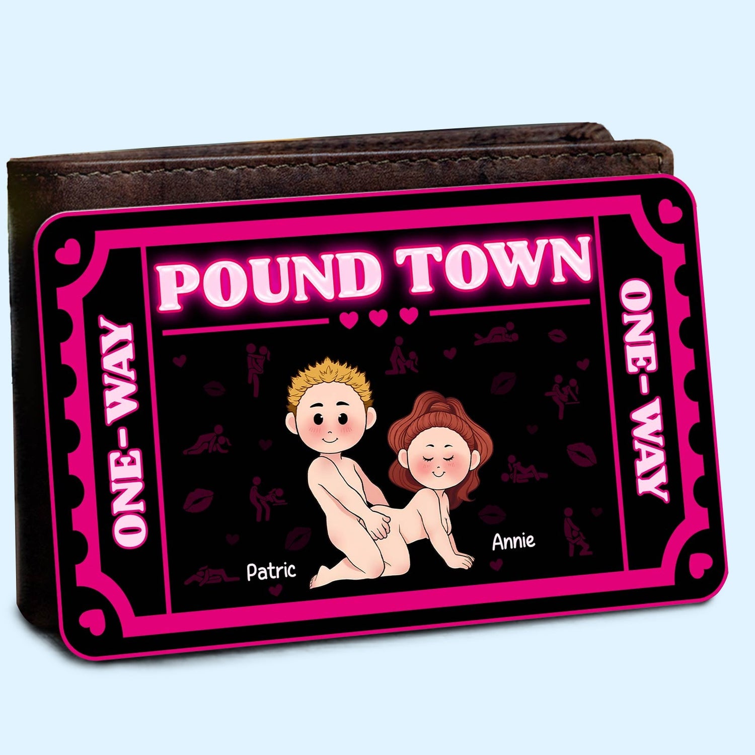 Personalized wallet card for couples with playful cartoon design and custom names on a sleek card